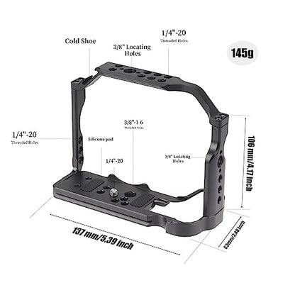 FocusFoto Camera Cage for Canon EOS R10 Mirrorless Camera, Aluminium Video Rig with NATO Rail, Cold Shoe, 1/4" Screw Mouting, 3/8"-16 Locating Pins for Arri Grip, Quick Release Plate for Arca Tripod