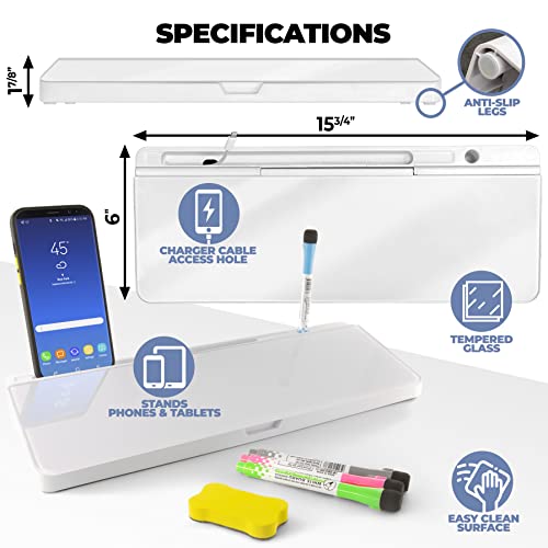 Desktop Whiteboard - Glass Dry Erase White Board - Desk Computer Buddy – Home Office & Studying Essentials - with Phone & Tablet Slot, Storage Compartment - Includes 4 Markers, 1 Eraser (2 Pack) - color: White - 2 Pack