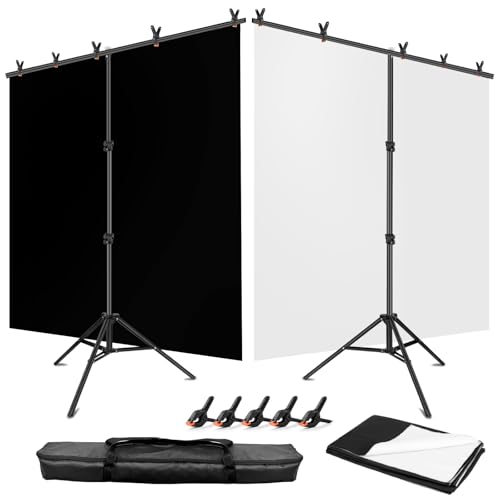 Black White Backdrop Screen with Stand Kit 5x6.5ft for Photo Video Studio, 2-in-1 Revisible Black Backdrop White Screen with T-Shaped Photography Background Support Stand and 5 Clamps - color: Black White, size: 5x6.5ft