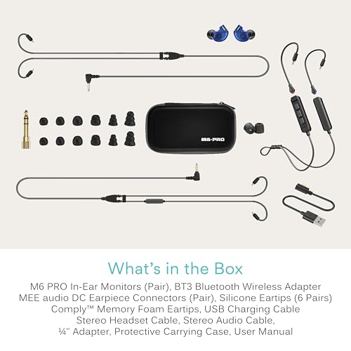 MEE audio M6 PRO Musicians' in-Ear Monitors Wired + Wireless Combo Pack: Includes IEMs, 2 Audio Cables and BT3 Hi-Res Bluetooth Audio Adapter w/aptX, LDAC, Auracast Support, & Built-in Headset (Blue) - color: Blue, style: IEMs + Bluetooth Adapter