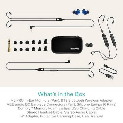 MEE audio M6 PRO Musicians' in-Ear Monitors Wired + Wireless Combo Pack: Includes IEMs, 2 Audio Cables and BT3 Hi-Res Bluetooth Audio Adapter w/aptX, LDAC, Auracast Support, & Built-in Headset (Blue) - color: Blue, style: IEMs + Bluetooth Adapter