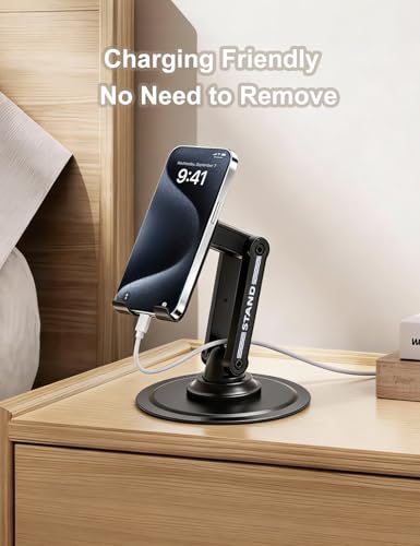 360° Rotating Adjustable Desk Phone Stand with Carbon Steel Base | 180° tilt arm, foldable design, adjustable joint tension, anti-slip silicone pads, fits 4-8 inch iPhone & Android devices
