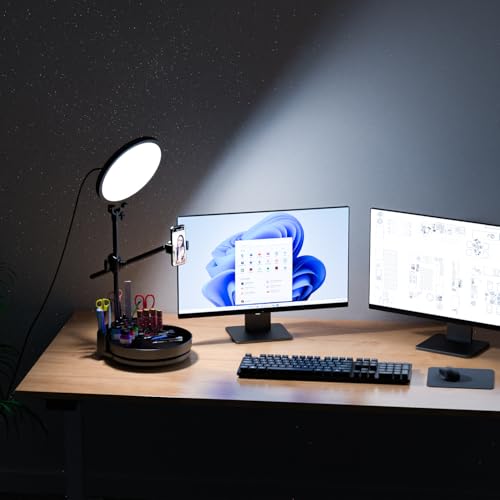 Zoom Lighting for Computer, Desk Ring Light with Stand, 55W Dimmable Full Screen Ring Light, with Rotating Storage Box, Pen Holder Stand, Phone Holder & Controller (Black, 10.5) - color: black