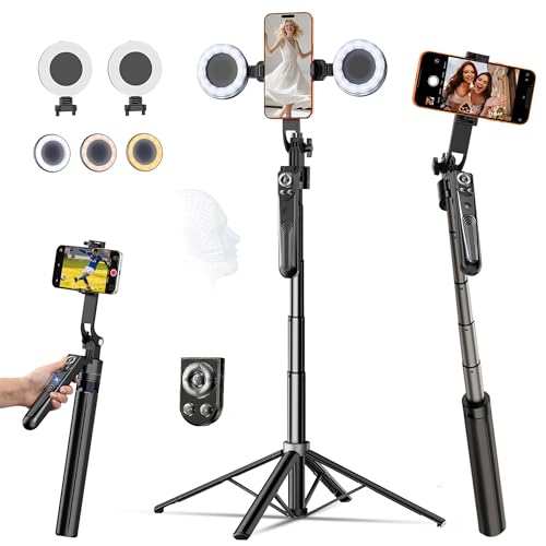 71" Auto Face Tracking Tripod with Ring Light, 360° Rotation Phone Tripod with Remote & No App Required, Extendable Selfie Stick Tripod for iPhone/Camera, Live Streaming Equipment for TikTok/YouTube - size: Tripod with 2 Ring Lights