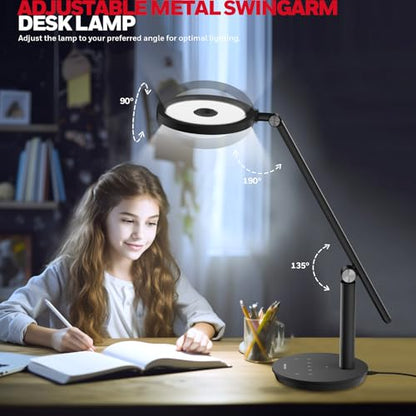 Honeywell Desk Lamp for Home Office, H6 Sunturalux™ Eye-Caring Led Desk Light, 800LM Dimmable Desk Lamp with Timer, Touch Control Tall Desk Reading Light, Table Lamp for Circle Webcam, Study, Bedroom - color: Black