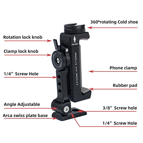 Metal Phone Tripod Mount with Rotatable Cold Shoe for Microphone Mount, Compatible with iPhone & Android, Universal Tripod Adapter for Vlogging, Cell Phone Holder, Youtube, Video Creators Rig