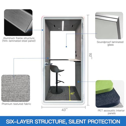 Quiet Meeting Pod with Acoustic Panels, Office Soundproof Room with Furniture, Portable Removable Working Booth for Private Phone Calling, Study, Individual Seater Personal Office H92in W43in D40in - color: Grey S