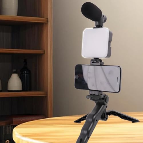 Vlog Set with Tripod Brightness Adjustable Light Microphone and Cellphone Clips for Video Calling Live Streaming Portable Live Streaming Set for Smartphones