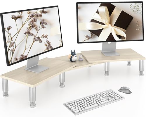 AX Waber Dual Monitor Riser - Adjustable Length & Angle, Wooden Stand for 2 Monitors with Storage - color: Light