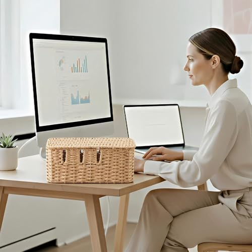 Cable Management Box with Lid Woven Paper Rope Desktop Cable Storage Box with 8 Open Slots Decorative Cord Hider Organizer Boxes for Home Office Living Room Decor, 13" x 5.1" x 5.1"