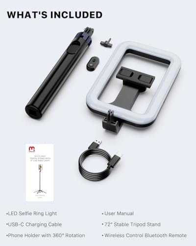 M MYBAT PRO Selfie Ring Light with 72" Tripod Stand - Extendable Selfie Stick with Light for Phone, Live Streaming, Makeup, Travel, Gaming, Video, Includes Phone Holder& USB-C Powered
