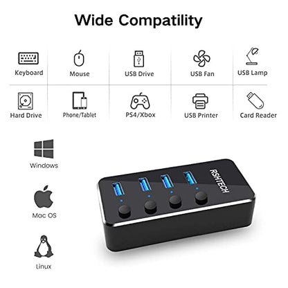 Powered USB hub RSHTECH 4 Port USB C to USB 3.0 Port Hub Expander Aluminum Portable USB 3.0 hub Splitter with 5V AC Adapter and Individual On/Off Switches (RSH-516-C) - size: 4-Port Powered USB C Hub