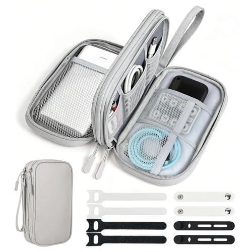 Travel Essentials Electronics Organizer, Double Layers Cable Organizer Bag for 3ft+ Cords, Waterproof Tech Pouch for Charger, Phone & Airplane Gadgets, Light Gray - color: Light Gray, size: Small