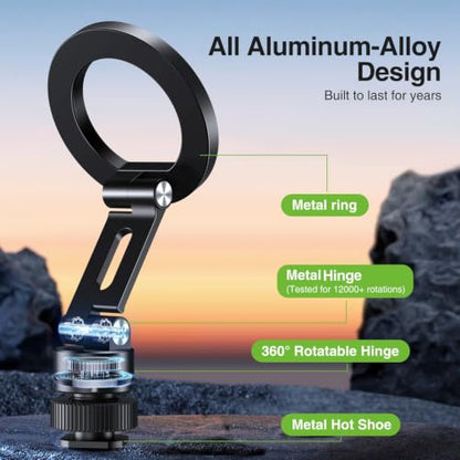 elitehood Aluminum Magnetic Camera Phone Mount with 360° Rotatable Cold Shoe Base, MagSafe iPhone Tripod Mount Adapter with 1/4” Screw & Hot Shoe, 180° Tilt Cell Phone Holder for Tripod Attachment - style: Rotatable Cold Shoe Base