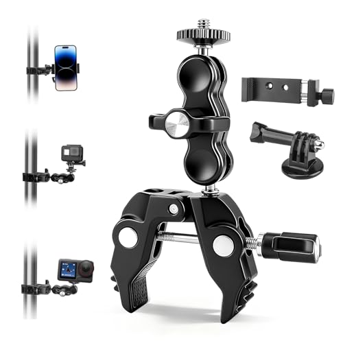 Chelhead Super Clamp Camera Mount with Phone Holder for Up to 3" Tubes | Dual 1/4"-20 & 3/8"-16 Threads, Compatible with DSLR Cameras, Action Cameras, LED Lights, Gimbals & Tripods - style: For Camera & Phone