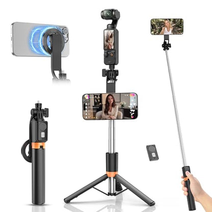 Magnetic Selfie Stick Tripod with 1/4" Camera Mount, Dual Device Phone & Camera Setup, Portable Content Creator Stand with Remote Control Phone Tripod for TikTok Live Streaming Travel Video Recording