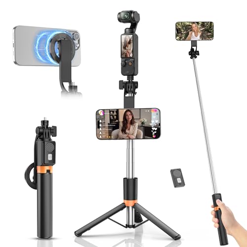 Magnetic Selfie Stick Tripod with 1/4" Camera Mount, Dual Device Phone & Camera Setup, Portable Content Creator Stand with Remote Control Phone Tripod for TikTok Live Streaming Travel Video Recording