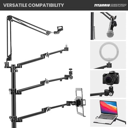 TARION Overhead Camera Desk Mount: 4-in-1 Heavy Duty Mount Set with 1 Mic Boom Stand + 3 Articulating Arms for DSLR Cameras Ring Light Monitor Laptop - Live Stream Stand TitanRig Desk - size: 4-in-1 Desk Set