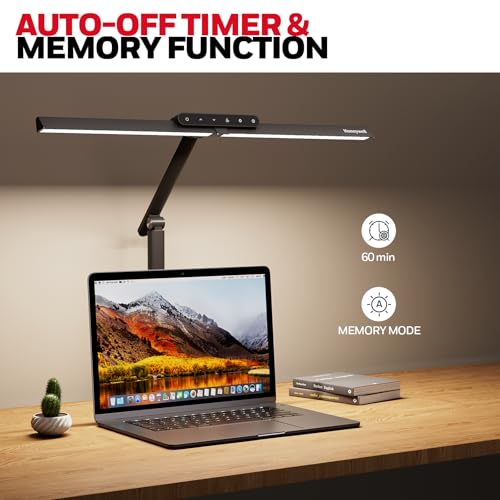 Honeywell LED Desk Lamp with Clamp - HJ1 Sunturalux Eye-Caring Clip on Lights for Home Office, 1200LM Clamp Lamp 4 Color Modes Stepless Dimming Task Desk Light for Working Black - style: Black Clamp