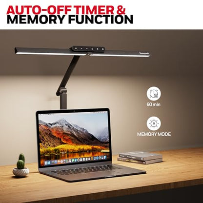 Honeywell LED Desk Lamp with Clamp - HJ1 Sunturalux Eye-Caring Clip on Lights for Home Office, 1200LM Clamp Lamp 4 Color Modes Stepless Dimming Task Desk Light for Working Black - style: Black Clamp