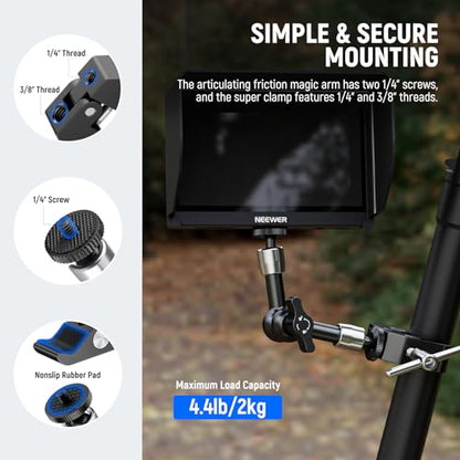 NEEWER 6"/15cm Adjustable Magic Arm with Super Clamp, 1/4" & 3/8" Threads, 1/4" Screws for Flash/LED Light/Microphone/Monitor, Compatible with SmallRig Camera Cage, Max Load: 4.4lb/2kg, ST15C - style: 6"/15cm w/Clamp