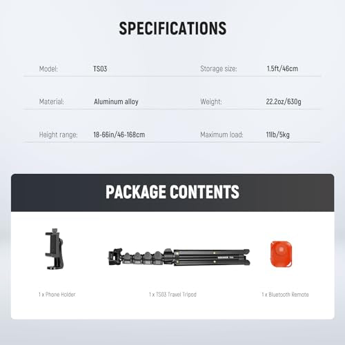 NEEWER Basic Phone Tripod for iPhone & Camera w/Remote & Phone Holder, 66" Metal Selfie Stick Travel Vlog Cell Phone Stand, Portable Camera Cellphone Holder Mount for Video Recording Filming, TS03