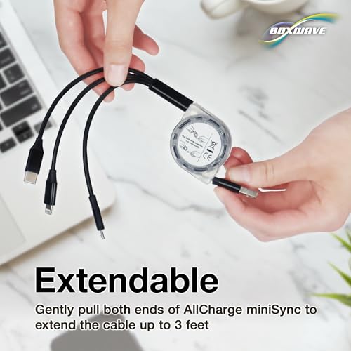 BoxWave Cable Compatible with OM System Tough TG-7 - AllCharge miniSync, Retractable, Portable USB Cable - Jet Black