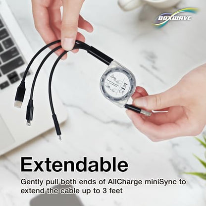 BoxWave Cable Compatible with OM System Tough TG-7 - AllCharge miniSync, Retractable, Portable USB Cable - Jet Black