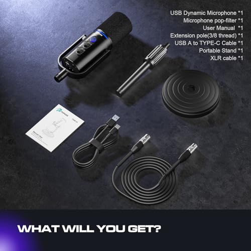PUPGSIS Podcast Dynamic Microphone, XLR/USB Recording PC Microphones for Broadcast, Podcast, Recording, Gaming & Streaming, Studio Mic with Mute, Headphone Jack, Monitoring Volume Control, Windscreen - size: With Desk Stand