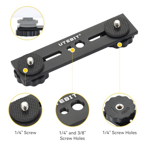 UTEBIT 5 inch Flash Bracket with 1/4" Hot Shoe Mount, Black | Dual Camera Mount Flash Bracket Extension Bar with 1/4-3/8 Thread Hole Tripod Mount for Camera/LED Light/Microphone - size: 5 inch Flash Bracket (Metal)