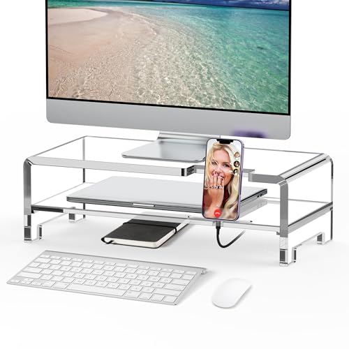 Acrylic Monitor Stand Riser Clear Laptop Stand 2-Tier L16 xW7.5 xH4.7 | Computer Monitor Stand Laptop Riser with Storage, Compatible with All Notebooks and Monitors, Desk Organizer for Home Office - size: 16''-2Tier