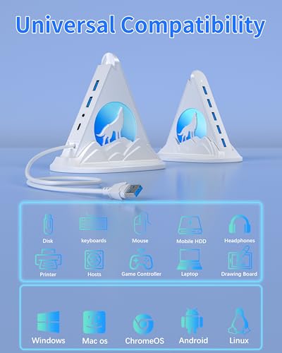 USB Hub 3.0, 7-Port USB Hub with RGB Night Light and Base, Vertical USB a Splitter for Desktop,Laptop, MacBook, Game Console, Flash Drive, XPS, PC, Printer, Camera, Keyboard（White+Base） - color: white