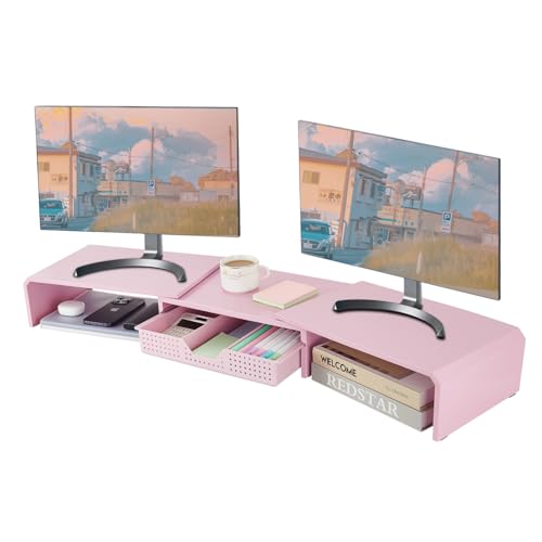 LEKETREE Dual Monitor Stand Riser with Drawer, Desk Organizer and Accessories, Pink Monitor Stand for Desk, Desktop Stand for Computer, Laptop, TV and More (Pink) - color: Pink-1