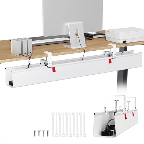 KEEGH Extra Large 48" Under Desk Cable Management Tray - Under Desk Cord Management - Clamp/Screw Mount - Support Upto 70lbs - Fabric Wire Management - Cable Raceways Cord Hider for Office/Home, White - color: White, size: Extra Large (48 Inch)