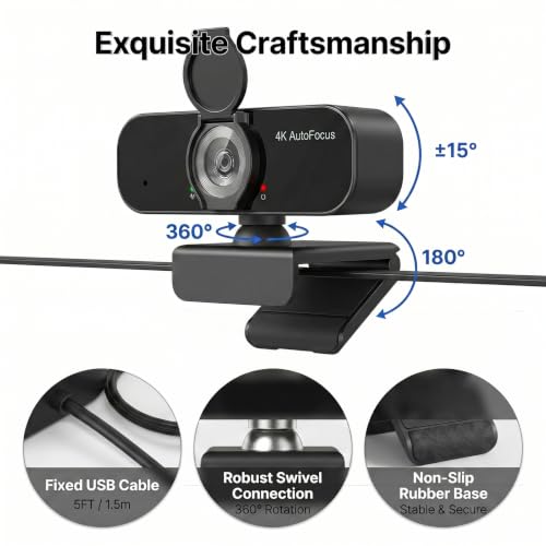 4K Webcam with PDAF Autofocus for PC/Laptop | Smart Noise-Cancelling Mic, Privacy Shield Cover, 80° Focused on You Only, Low-Light Clarity, No-Driver Plug & Play