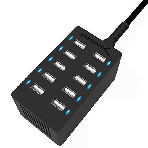 Sabrent 60 Watt (12 Amp) 10-Port [UL Certified] Family-Sized Desktop USB Rapid Charger. Smart USB Ports with Auto Detect Technology [Black] (AX-TPCS) - size: 10-Port