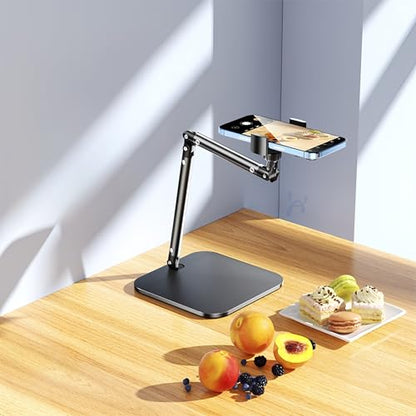 Adjustable Overhead Articulating Arm Phone Stand for Desk, Black Metal | Adjustable Height and Angle, Desktop Video Recording Tripod, Live Streaming, Photography Holder