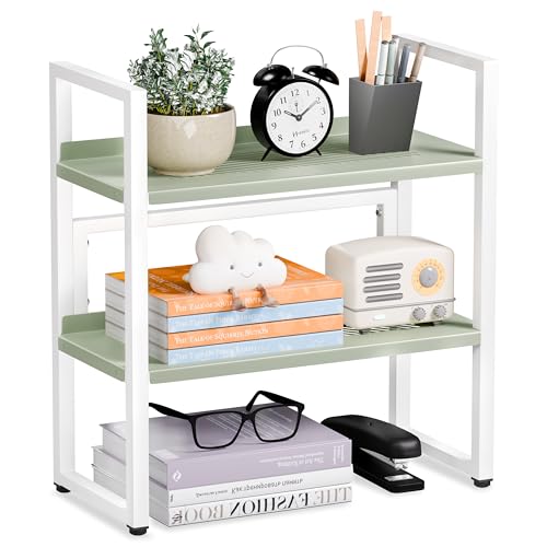Brakki Desk Shelf Organizer, 2-Tier Desktop Bookshelf, Small Office Shelf | Adjustable Shelf, Metal Desktop Rack for Dorm, with Foot Mat, Multi-Functional Organization, White and Green - color: White and Green