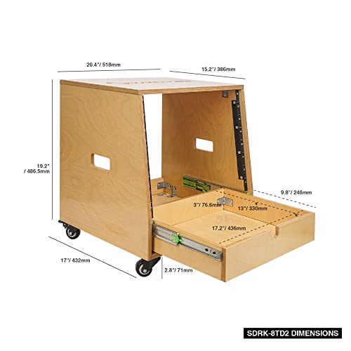 Sound Town 8U DIY Solid Baltic Birch Plywood Slanted Studio Rack with 8U Rack Space, Extra 2U Drawer, Rubber Feet, Casters, Golden Oak (SDRK-8TD2) - size: 8U, Golden Oak, Slanted w/ Drawer