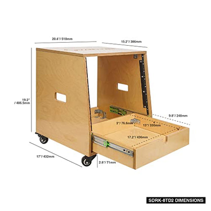 Sound Town 8U DIY Solid Baltic Birch Plywood Slanted Studio Rack with 8U Rack Space, Extra 2U Drawer, Rubber Feet, Casters, Golden Oak (SDRK-8TD2) - size: 8U, Golden Oak, Slanted w/ Drawer