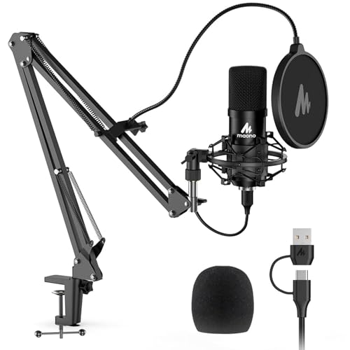 USB Microphone, MAONO 192KHZ/24Bit Plug & Play PC Computer Podcast Condenser Cardioid Metal Mic Kit with Professional Sound Chipset for Recording, Gaming, Singing, YouTube (AU-A04) - color: Black