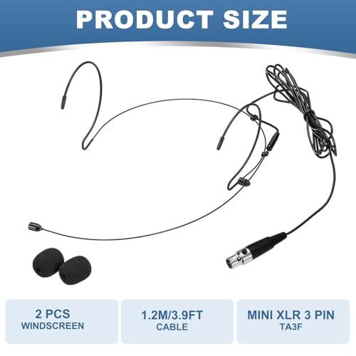 MECCANIXITY Ear Hook Headset Microphone, Double Over Ear Set Hanging Omnidirectional Wired Audio Condenser Microphone Headset with Mini XLR 3 Pin TA3F Plug 3.9ft Cable, Black - color: Black, style: Mini XLR 3 Pin TA3F Plug