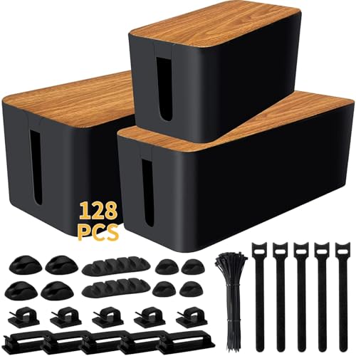 YUANYE Cable Management Box Cable Management Kit for Power Strip to Hide Wires,Cord Organizer Boxes,Safe ABS Material Wire Organizer of Cable Clips Sleeve for Home & Office,3Pack-128PCS /Black - color: Black