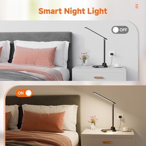 ShineTech LED Desk Lamp with USB-C Charging Port, Dimmable Desk Lamp for Home Office, Eye-Caring Reading Lamp with 25 Lighting Modes, Small Desk Light for Bedroom Nightstand with Adapter - color: Black