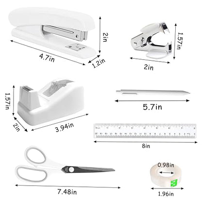 Dimonluce Office Desk Accessories, White Office Supplies Accessories with Tape Dispenser, Stapler, Staple Remover, 1000 Staples, Tape, Clips Set, Ruler, Scissor, Pen - color: White