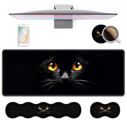 4 in 1 Ergonomic Keyboard Wrist Rest & Mouse Pad Wrist Rest Set, Large XXL Gaming Desk Mat 31.5"x 11.8" with Non-Slip Base, Memory Foam for Home Office Study Gaming, Black Cat Face - color: Black Cat Face