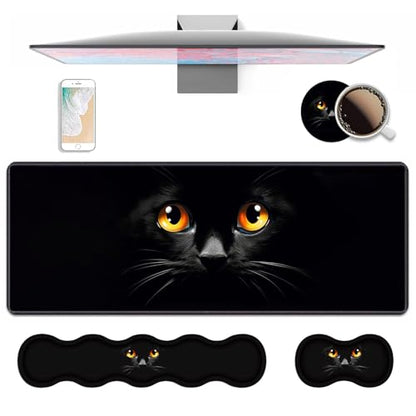 4 in 1 Ergonomic Keyboard Wrist Rest & Mouse Pad Wrist Rest Set, Large XXL Gaming Desk Mat 31.5"x 11.8" with Non-Slip Base, Memory Foam for Home Office Study Gaming, Black Cat Face - color: Black Cat Face