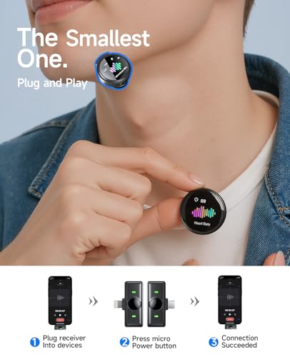 Wireless Lavalier Microphone for iPhone: 80H Battery, 48KHz Audio, 30dB Noise Reduction Clip on Microphone for iPhone Android - Mini Mic for Vlogging YouTube TikTok - color: Black