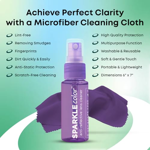 Sparkle Anti-Reflective Safe Lens Cleaner Spray Kit - (2) 1oz Glasses Cleaner Spray & (2) Microfiber Cloth for Eyeglasses, Sunglasses, Lenses, Screens and Camera Cleaning Kit (4 Piece Set) - style: Purple | 2x1oz Lens Spray + 2 Microfiber Cloths