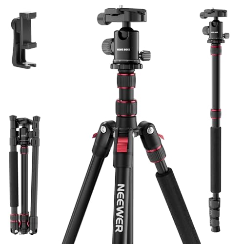 NEEWER Basics Camera Tripod Monopod, 71" Aluminum Heavy Duty Portable Travel DSLR Cell Phone Stand with 360° Ball Head Cellphone Holder Mount Compatible with iPhone for Filming Video Recording, TP15 - style: TP15 w/Ball Head
